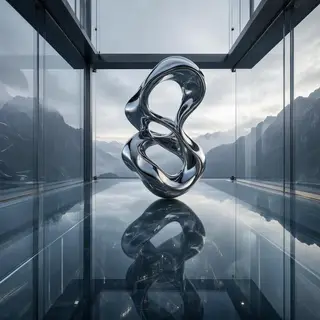 A chrome sculpture in a room with a glass floor and large wi