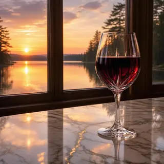 A crystal wine glass on a polished marble counter next to a 