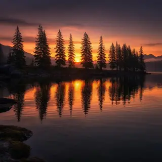 A row of trees reflected in a calm lake at sunset, with the 