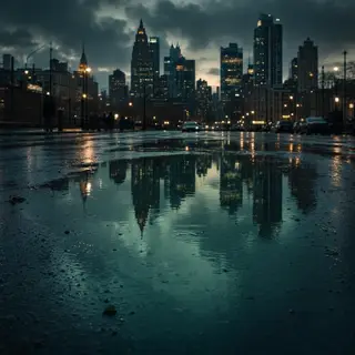 A city skyline reflected in a rain puddle on a street, with 