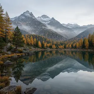 A mountain range reflected in a still alpine lake, with the 