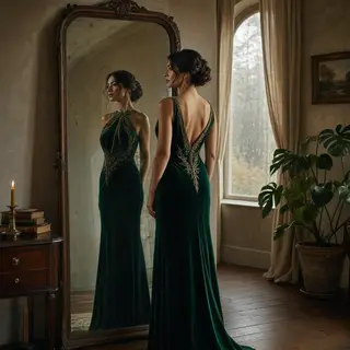 A woman standing in front of a full-length mirror, her refle