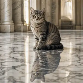 A cat sitting on a polished marble floor with its reflection