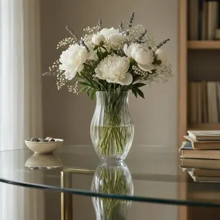 A vase of flowers on a glass table with a clear reflection v