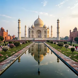 The Taj Mahal in Agra seen from the reflecting pool, with ac