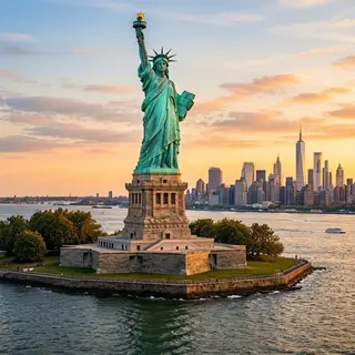The Statue of Liberty on her island pedestal, with correct t