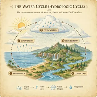 A detailed diagram of the water cycle showing evaporation fr