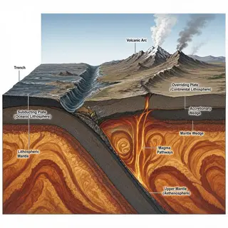 A cross-section showing tectonic plates at a convergent boun