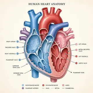 An anatomical illustration of the human heart showing four c