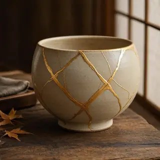 A Japanese kintsugi bowl — cracked ceramic repaired with vis