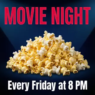 A movie night poster with a large popcorn image in the cente