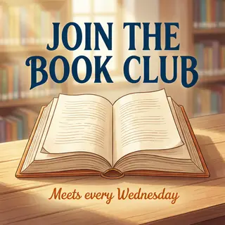 A book club poster with an open book illustration, the title