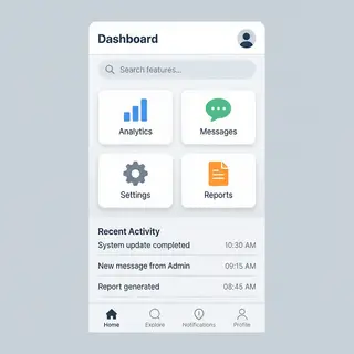 A mobile app UI mockup showing a dashboard with a top naviga