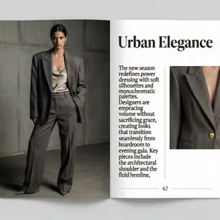 A fashion magazine spread with a full-bleed left-page photo,