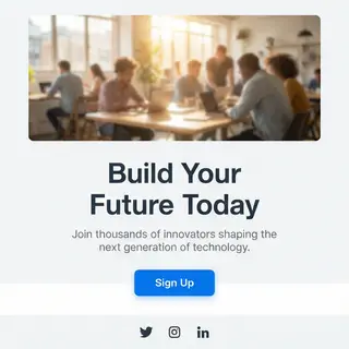 A landing page design with a hero header image at the top, a
