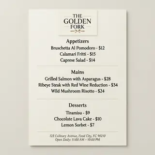A restaurant menu layout with a logo header, three category 
