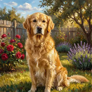 A golden retriever sitting in a garden, painted in the style