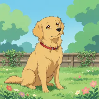 A golden retriever sitting in a garden, rendered in Japanese