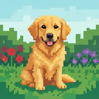 A golden retriever sitting in a garden, rendered in pixel ar