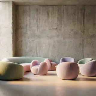 An interior scene rendered in soft brutalism — raw concrete 