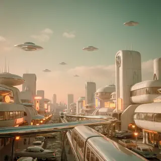 A cityscape rendered in nostalgic futurism — retro-futuristi
