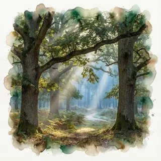 A forest rendered in photorealistic watercolor — the detail 