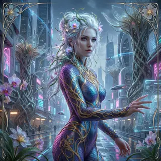 A woman in a futuristic city rendered in cyberpunk Art Nouve
