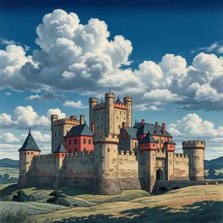 A medieval castle depicted in Japanese ukiyo-e woodblock pri