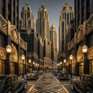 A city street scene in the style of Art Deco — geometric sha