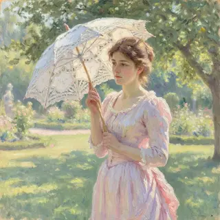 A woman with a parasol in the style of Impressionism — soft 