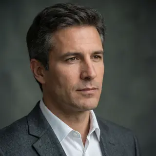 A portrait of a middle-aged man with a calm, serious express