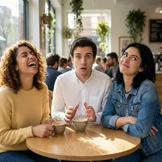 A group of three friends at a table: one laughing with head 