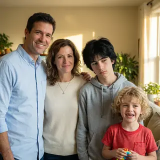 A family photo with four people: a father beaming with pride