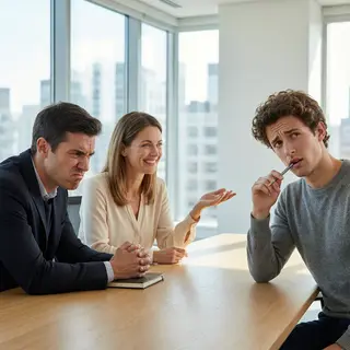 Three coworkers in a meeting: one looking frustrated with fu