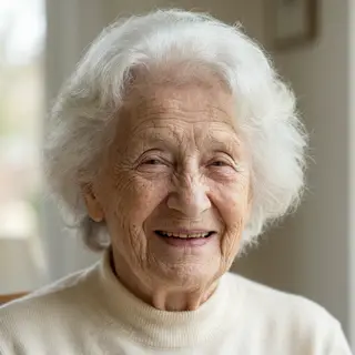 An elderly woman in her 80s with deep wrinkles and white hai