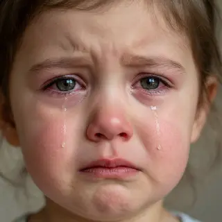 A 5-year-old child with round cheeks and large eyes, crying 