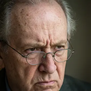 An elderly man in his 70s with age spots and thinning gray h