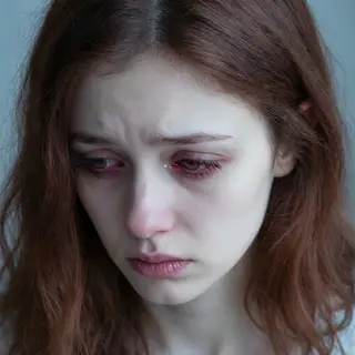 A face showing quiet melancholy — downcast eyes, slightly dr