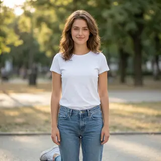A woman standing upright in a relaxed pose, arms at her side