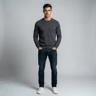 A man standing straight facing the camera, hands in pockets,