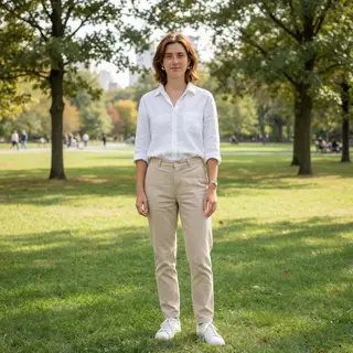 A person standing in a neutral pose in a park, full body vis