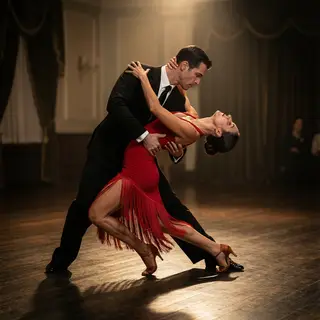Two tango dancers in a close embrace, the man dipping the wo