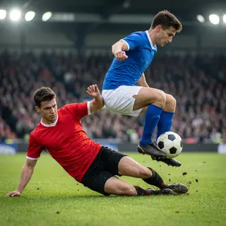 Two soccer players mid-tackle, one sliding and the other jum