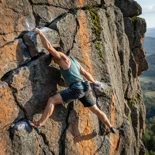 A rock climber clinging to a cliff face with arms and legs e
