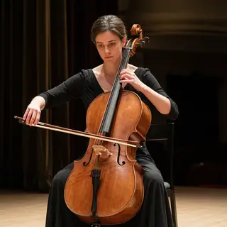 A cellist seated with correct posture, legs around the instr
