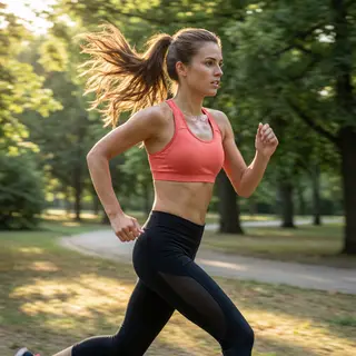 A woman mid-stride running through a park, hair and clothes 