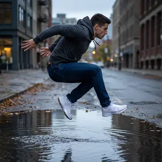 A man captured mid-jump over a puddle, body in the air with 