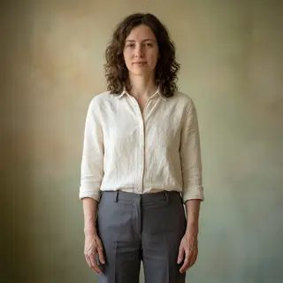 A person standing with both hands visible at their sides, fi