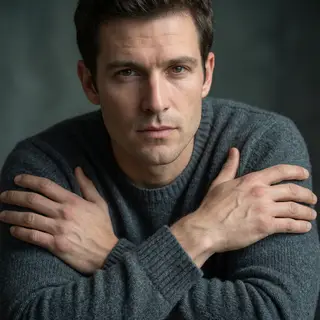 A man with arms crossed, both hands resting on opposite uppe