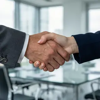 Two people shaking hands in a professional setting, all fing